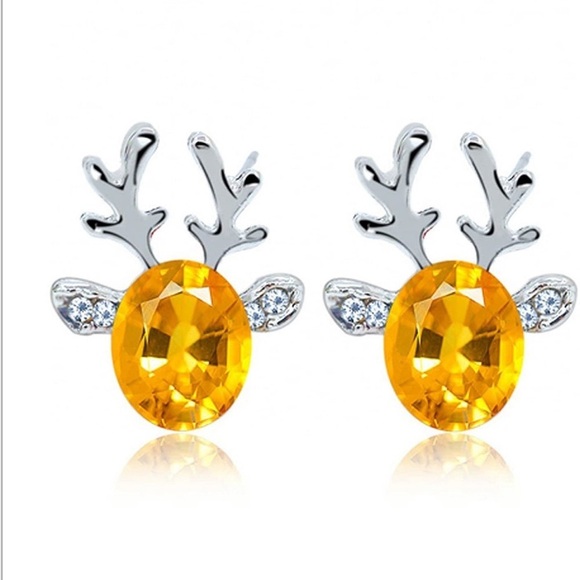 Silver Reindeer Yellow Crystal Stud Christmas Holiday Earrings Nwt - Picture 1 of 2